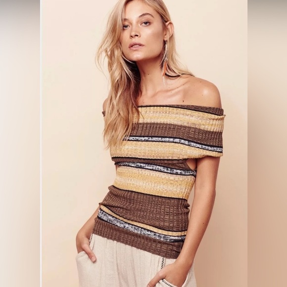 Free People Striped Knit Cowl Neck Top Blouse Off Shoulder Neutral XS - Picture 1 of 13